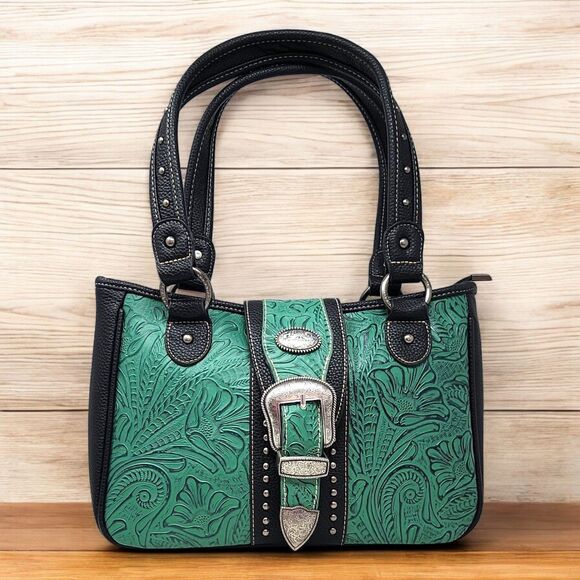 Montana West Tooled Leather Double Handled jade Green Black Studded Shoulder Bag - Picture 1 of 15